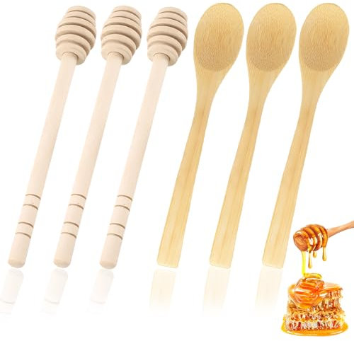 6 Stück Honiglöffel Holzlöffel Praktische Honiglöffel Holz Hölzerne Honigrührer, geeignet für Honig Heiße Schokolade Kaffee Tee Küchenzubehör (Honiglöffel * 3, Rührer * 3)