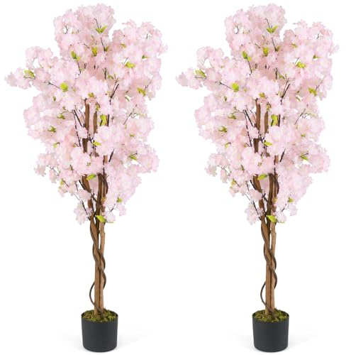 COSTWAY Set med 2 konstgjorda träd med blommor, 150 cm, konstgjord växt i kruka, konstgjorda körsbärsträd, Sakura, blomträd för bröllop, hem, kontor, vårdekoration, rosa