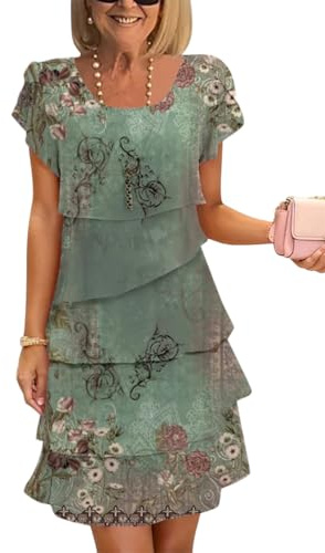 Onsoyours Femmes Été Robe en Mousseline Col Rond Élégante Robes De Soirée Fleurs Impression À Manches Courtes Volants Léger Et Respirant Mini Dress Décontracté Cocktail B09 Vert L