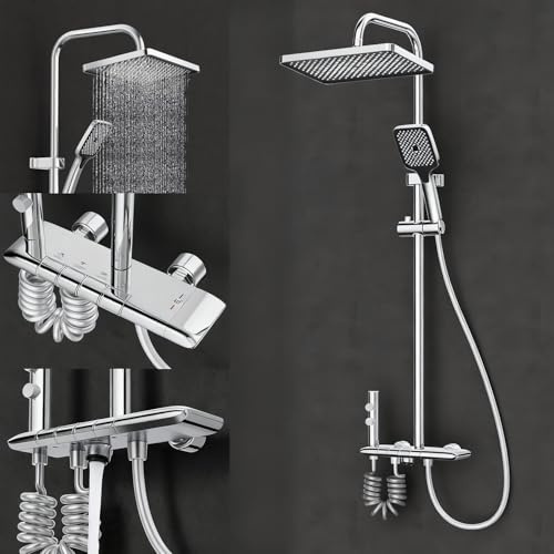 LANMOU 40 ℃ termostatisk duschpelare, 4-i-1 krom duschpelare med blandare, anti-kalk mässing/rostfritt stål, justerbar höjd 80–140 cm(med förlängt skaft 30 cm) - idealisk familj och seniorer