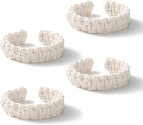 TopHomer 4-pack gardinomtag för gardiner av hampa och bomullsrep | Gardinhållare för vardagsrum och sovrum | Boho-dekor (krämvitt bomullssnöre)