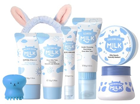 8-teiliges Milch-Pflegeset– Koreanische Skincare Für Strahlende Haut– Skincare Set Mit Peeling, Sonnencreme,Handwachs & Haarband- Als Perfektes Geschenke Für Teenager Mädchen Und Frauen-Beauty Set