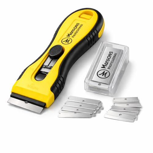 Mansons Premium Kochfeldschaber Pro – Automatischer Klingenwechsel – 16 Ersatzklingen inklusive – Glasschaber für Glaskeramikkochfeld, Fenster & Aufkleber – Ergonomischer Profi Schaber