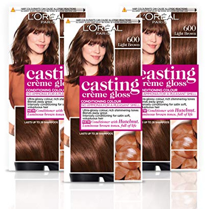 L'Oréal Paris Casting Crème Gloss Semi-Permanent Hair Dye, Ammonia-Free Formula & Honey-Infused Conditioner, Glossy Finish, Colour for Up to 28 Shampoos, Pack of 3, Colour: 600 Light Brown