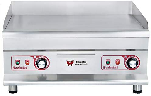 Beeketal 'BGP-5' Profi Gastro Grillplatte elektrisch mit glatter Grillfläche (59,5 x 40 cm) aus 10 mm dickem Gusseisen, 2 Zonen Temperatur separat und stufenlos regelbar je 50-300 °C (2 x 3200 Watt)