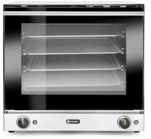 HENDI Forno a Convezione Professionale H90, 2670W, incl. 4 Teglie in Alluminio, 2 Ventole, 50-300°C, Timer 0-120min, Interno Smaltato, Porta a Doppio Vetro, 230V, 595x595x(H)570mm, Acciaio Inox