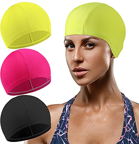 3 Stück Elastische Badekappen Bequemer Stoff Schwimmhaube Unisex Badehaube rutschfeste Schwimmkappen für Frauen Männer Kinder(Schwarz, Rosenrot, Fluoreszierend Gelb)