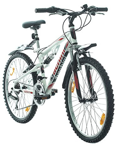 Multibrand Distribution Probike Speed 24 Zoll Mountainbike vollgefedert, 18 Gänge, Fahrrad für Jungen, Mädchenfahrrad, geeignet von 130-155 cm (weiß, rot, matt)