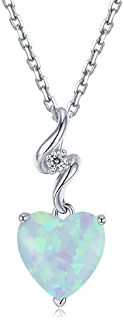 GEMLANTO 14K Weißgold Kette Damen, Echter Diamant und Kreierter Opal Halskette, Herz Weißgold Anhänger mit 925 Kette Geburtsstein Oktober Kette