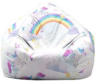 Treer Fodera per Pouf a Sacco per Adulti e Bambini, Cartone Unicorni Stampa Copertura per Poltrona Sacco Senza Imbottitura, Pouf a Forma di Pera Bean Bag Cover (70x80 cm,Arcobaleno)