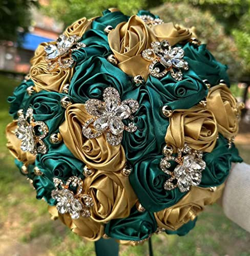 Sharebeauty Ramo de novia de satén hecho a mano de 8.3 pulgadas, ramo de boda redondo, ramo de flores artificiales, verde oscuro + oro pálido