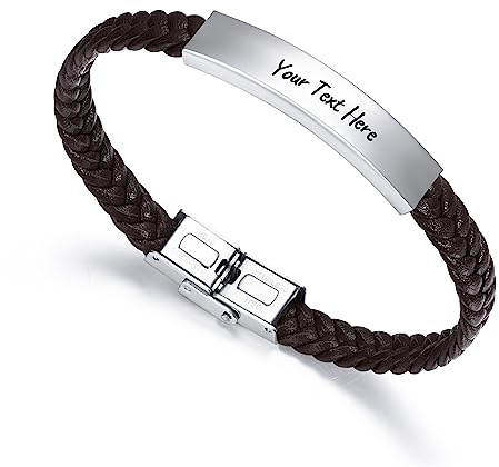 OTXIXTO Bracciale in Pelle Personalizzato Nome Data ID Incisa Acciaio Inossidabile Regolabile Stile Intrecciato Anniversario Regalo di Amicizia per Uomo Padre Migliore Amico (Marrone Scuro)