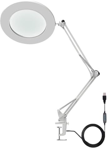 Lupa 10X con Luz LED, Brillo Ajustable 3 Colores, Lámpara de Banco de Trabajo de Brazo Flexible con Clip para Manualidades, Lectura, Dibujo de Modelos (White)