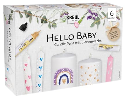 Kreul 49758 - Penna per candele Set di 6 Hello Baby, 6 x 29 ml, punta fine, colori con cera d'api per decorare e dipingere le candele