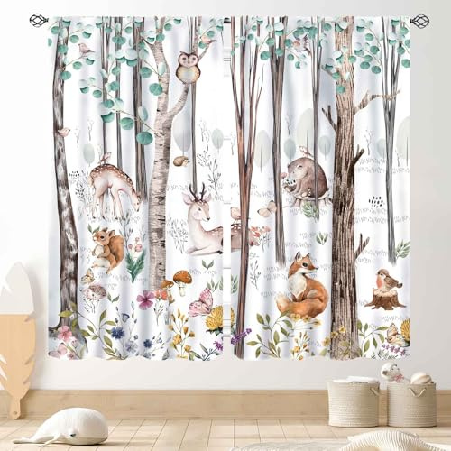 Woodland Vorhänge für Kinderzimmer, rustikale Waldtiere, Wildtiere, Aquarell, Wald, Bär, Hirsch, Fuchs, Landhaus-Verdunkelung, Fenstervorhänge für Baby, Mädchen, Jungen, Schlafzimmer, Wohnzimmer, 2