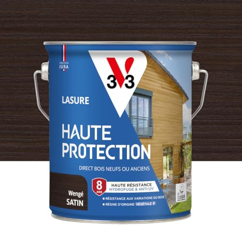V33 Lasure Bois extérieur Wengé satin - Haute Protection 8 ans - Haute résistance hydrofuge et anti-UV - Résiste aux variations du bois - Ecolabel, résine d'origine végétale - 2,5L
