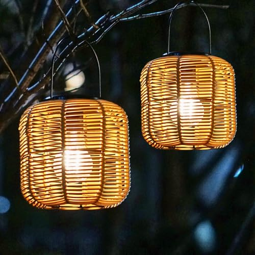 Hanging Solar Lanterns Outdoor Waterproof, 2 Pack Rattan Outdoor Lanterns, Outdoor Solar Hanging Lights, Lantern Lamp Decorations for Outside Yard Garden Pathway Porch Indoor Table Rattan Decor