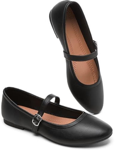 BABUDOG Womens Mary Janes Flats Shoes Ballet Flats Black Dress Shoes,Memory Foam Insole,Soft Synthetic Leather,with Strap(Black.US9)
