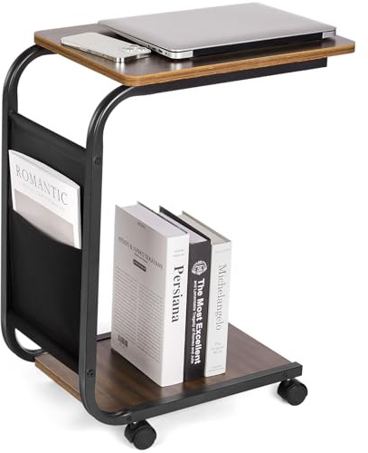 Yorbay Beistelltisch Holz Couch, Sofatisch mit Rollen und Aufbewahrungstasche, C Form Mobiler Kaffeetisch mit Metallgestell, 46 x 30 x 62 cm Beistelltische fürs Wohnzimmer, für Kaffee und Laptop