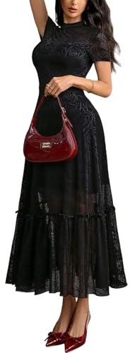 GothDark Women's Lace Floral Short Sleeve Elegant Bodycon Party Midi Dress