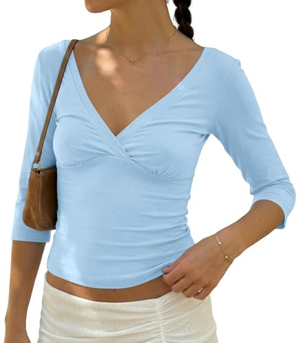BAIGRAM Womens 3/4 Half Sleeve Deep V Wrap Neck Ruched Crop Tops Open Back Tshirt Y2k Vintage Minimalist Slim Fit Tee Summer Blue