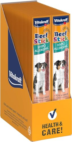 Vitakraft Beef Stick Hypoallergenic, Hundeleckerli, bei Unverträglichkeiten, mit Pute und Strauß, mit Reis und Kartoffeln, zuckerfreie Rezeptur (50x 12g)