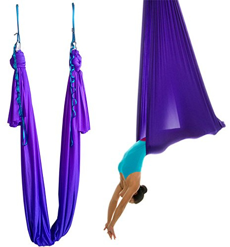 WELLSEM® 5,5 Yards (5 m/Set) Elastico Yoga Pilates Amaca con moschettone a Margherita e Guida (Viola Intenso)