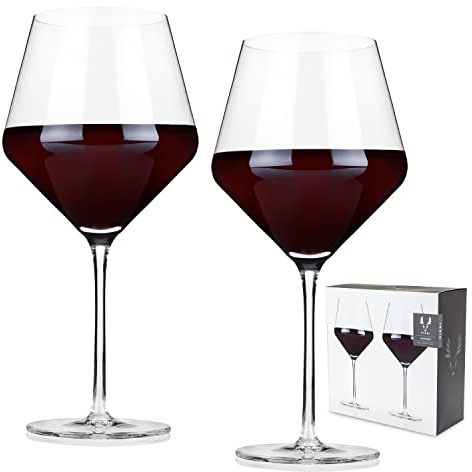 Viski Raye Angled Burgundy Wine Glasses, Crystal Clear Red Wine Glasses for Wedding, Anniversary, Birthday Gifts for Women and Men, Home Bar, Elegant Glassware, 21 oz, Set of 2