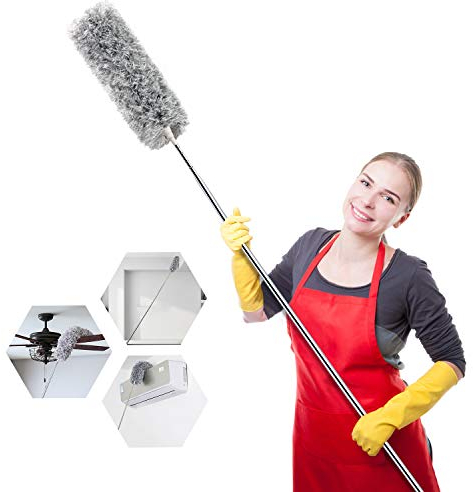 Spolverino in microfibra per la pulizia con asta di estensione (acciaio inossidabile) raggiunge i 254 cm, spolverino flessibile ed estensibile per la pulizia di ventilatori a soffitto alto, mobili,