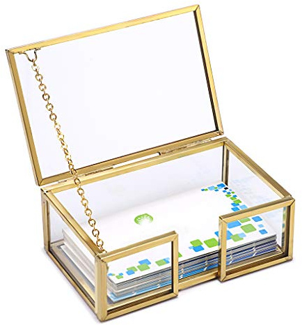 Hipiwe Glass Business Card Holder with Lid - Desktop Name Card Display Box Organizer Gold Metal Business Card Container for Office Countertop