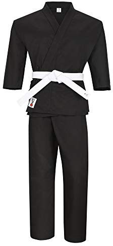 Martial Arts Karate Uniform with Elastic Pants and Drawstring for Kids Adults 9oz Middle Weight Student gi with Free Belt(Black and White) (Black, 000)