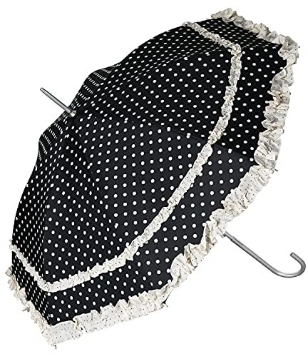 VON LILIENFELD Regenschirm Sonnenschirm Brautschirm Hochzeitsschirm Mary-Poppins-Schirm Auf-Automatik Mary mit Rüschen Polkadots schwarz