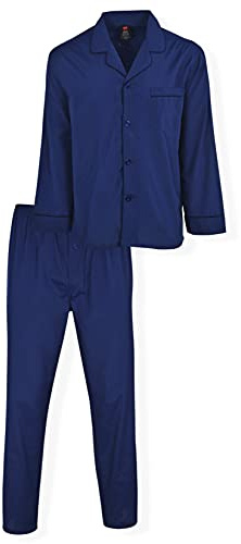 Hanes Men's Sleeve Long Leg Woven Pajama Set, Navy Heather, Large