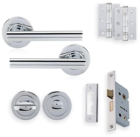 XFORT Polished Chrome Liberty Lever Bathroom Pack, Complete Set with T-Bar Handles, Bathroom Lock, 75mm Ball Bearing Hinges and Thumb Turn & Release Set, for Internal Doors