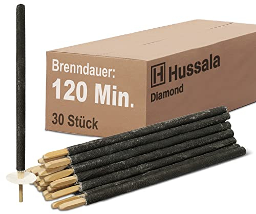 Hussala Diamond Wachsfackeln [30 Stück / 120 min] mit Holzstab und Tropschutz, Garten Fackeln aus Diamond-Wachs