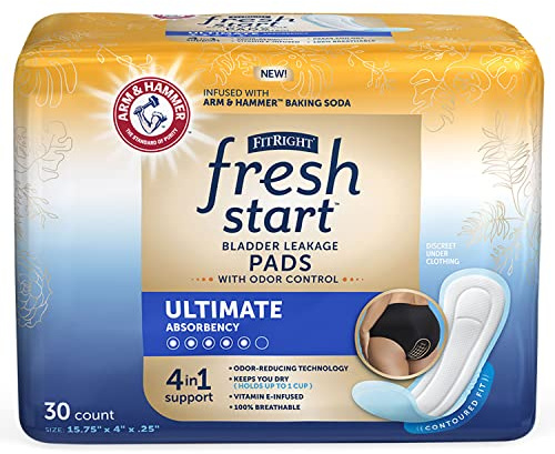 FitRight Fresh Start Postpartum and Incontinence Pads for Women, Ultimate Absorbency (30 Count) Bladder Leakage Pads with The Odor-Control Power of ARM & Hammer (30 Count, Pack of 1)
