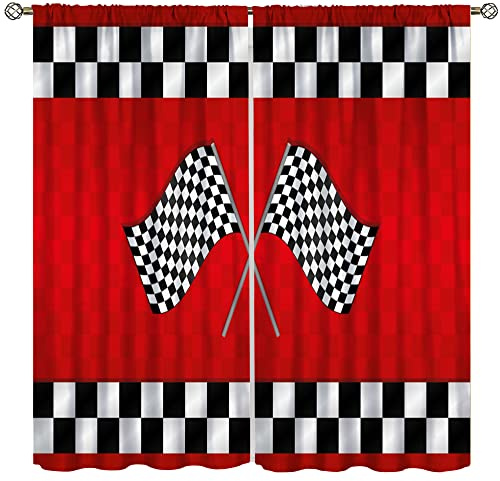 YCness Racing Car Kids Curtains, Boys Construction Vehicles Window Treatments for Boys Bedroom,Red Racing Flag Drapes 2 Panel Sets,42x45 Inch