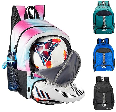 Moonlike Youth Soccer Bag, Soccer Backpack for Football Volleyball Basketball, Backpack with Ball Compartment and Ball Holder (Pink)