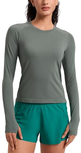 CRZ YOGA Camisas de Manga Larga de Entrenamiento Acanalado sin Costuras para Mujer de Secado rápido Sabio Gris 40