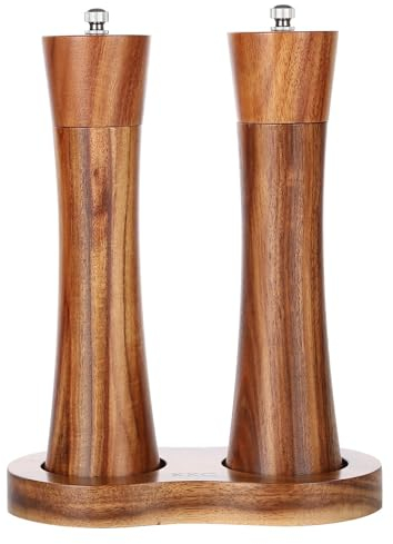 KKC Macina sale e pepe, manuale macinapepe legno acacia, macinatore ceramica macina per peperoncino sale grosso spezie pepe, regolabile macinaspezie macinasale con vassoio, sale e pepe set 20CM