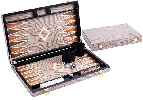 Engelhart – 250543 – Deluxe 18-inch Backgammon Set with Varnished Ebony Wood Veneer – Grey – Metal Closure – Pearly Dice, Chips, and Wooden Cups Included – 2 Players – Game Rules Included – Ages 6+