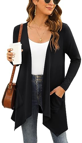 Yommay Strickjacken für Damen Elegante Langarm Damen Lässig Licht Cardigan High Low Saum mit Taschen,Schwarz,X-Large