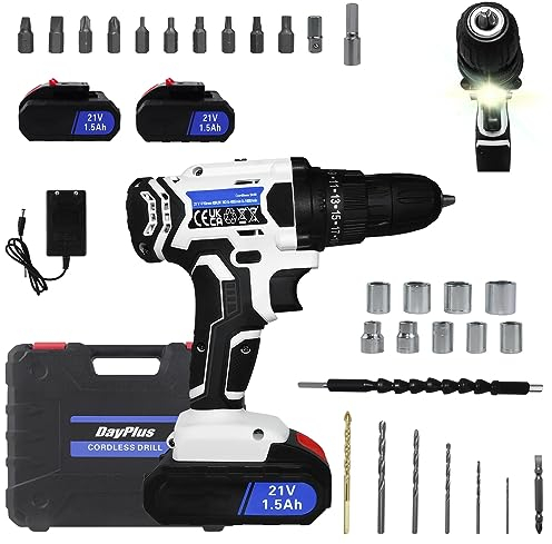 Akku-Bohrschrauber Akkubohrer 21V Akkuschrauber Set mit 1,5Ah Akku, LED Arbeitslicht, 2 Geschwindigkeitsstufen, 45Nm, 25+1 Drehmomentstufen, Akku Bohrmaschine Schrauber mit 26tlg Zubehör, Kit-Kasten