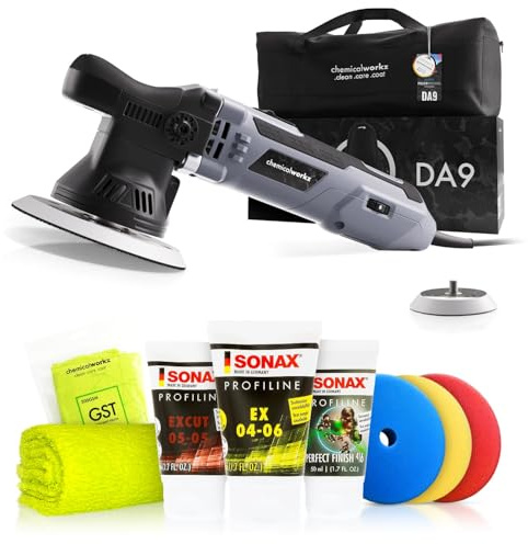Poliermaschinen Set: chemicalworkz DA9 Exzenter Poliermaschine + Sonax Politurset + Royal Pads Premium Polierpads - Auto Politur, Lack polieren, Kratzer entfernen, Aufbereitung | 8-tlg.
