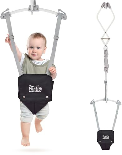 FUNLIO Saltador de Puerta para Bebés de 6 a 24 meses (Con Clip de Puerta), Con Resorte Fuerte y Correa Ajustable, Gorila portátil para puerta infantil, Fácil de montar, Con 18 kg, Certificado CE-Negro