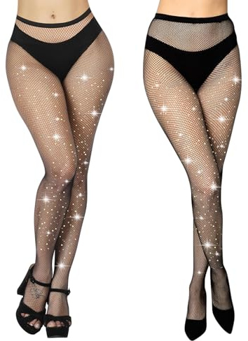 Aomig Collant Résille Femme à Strass, Mesh Pantalon Serré, Collants Étincelants Taille Haute Rhinestone Pantythose pour Fêtes Halloween
