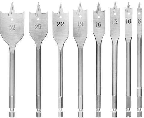 Aoyfuwell 8 Pcs Spade Drill Bits Set, 6-32mm Spade Drill Bit Set, Carbon Steel Heavy Duty Flat Wood Bit Sets, 1/4 inch Hex Shank Paddle Tools Flat Bits Blades Set for Woodworking Plastic Chipboard