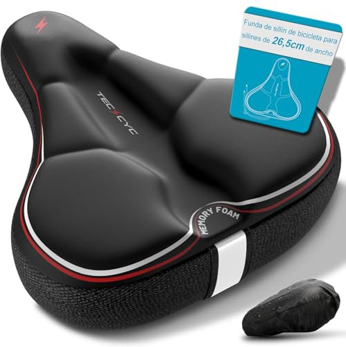 TECHCYC® Fahrradsattel überzug, Doppellagiger Memory-Schaum Fahrradsitz Polster, Ergonomisches Design Unisex Breiter Sattelbezug mit Reflektorstreifen, Geeignet für Heimtrainer, Citybike (26 x 25 cm)
