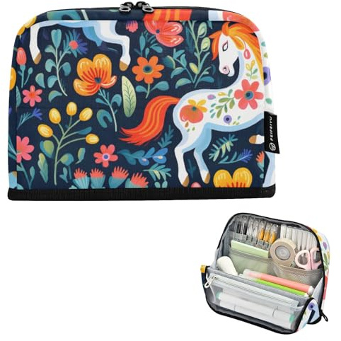 Mnsruu Trousse à crayons avec cheval ethnique et fleurs debout, grande capacité pour garçons et filles, pochette à stylos multicouche, organiseur de papeterie pour l'école, le bureau, le travail
