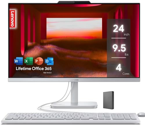 Lenovo Computer desktop FHD All-in-One da 24 con Office 365 a vita per il Web • 64 GB di RAM • SSD da 2 TB • Intel 4-Core • Tastiera e mouse cablati • Windows 11 Pro
